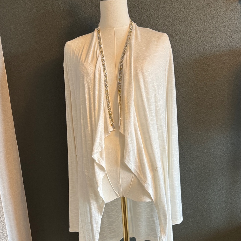 Elegant White Draped Cardigan with sequin collar